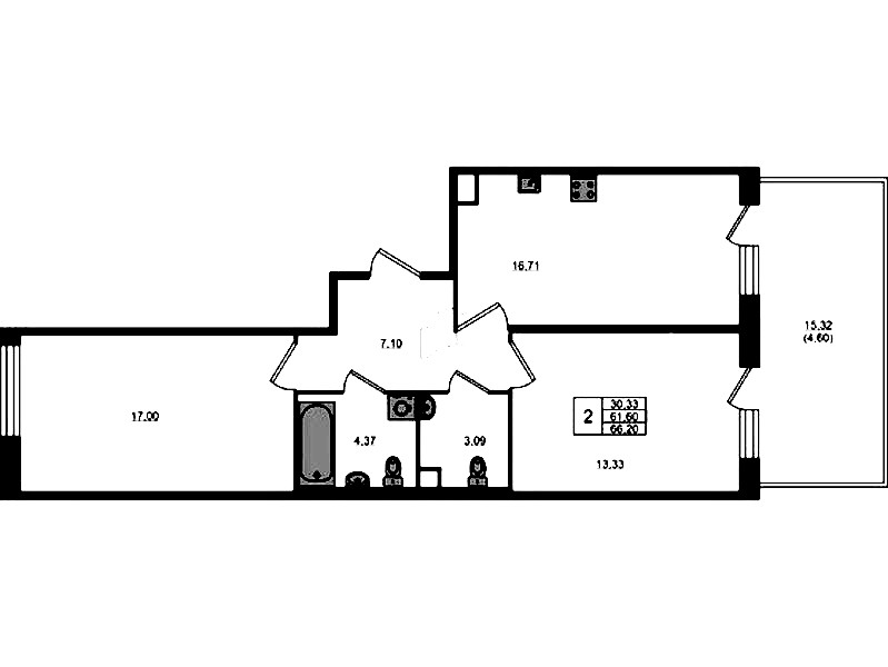 2-комнатная квартира 61.6 м², 1/5 эт., ЖК «Plus Пулковский»